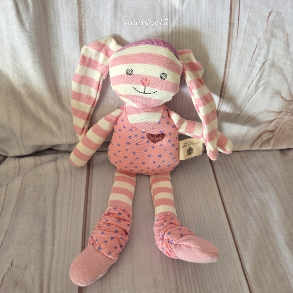 Organic Farm Buddies Rabbit Lovey Rattle Cloth Toy Pink White Striped 13 Inch